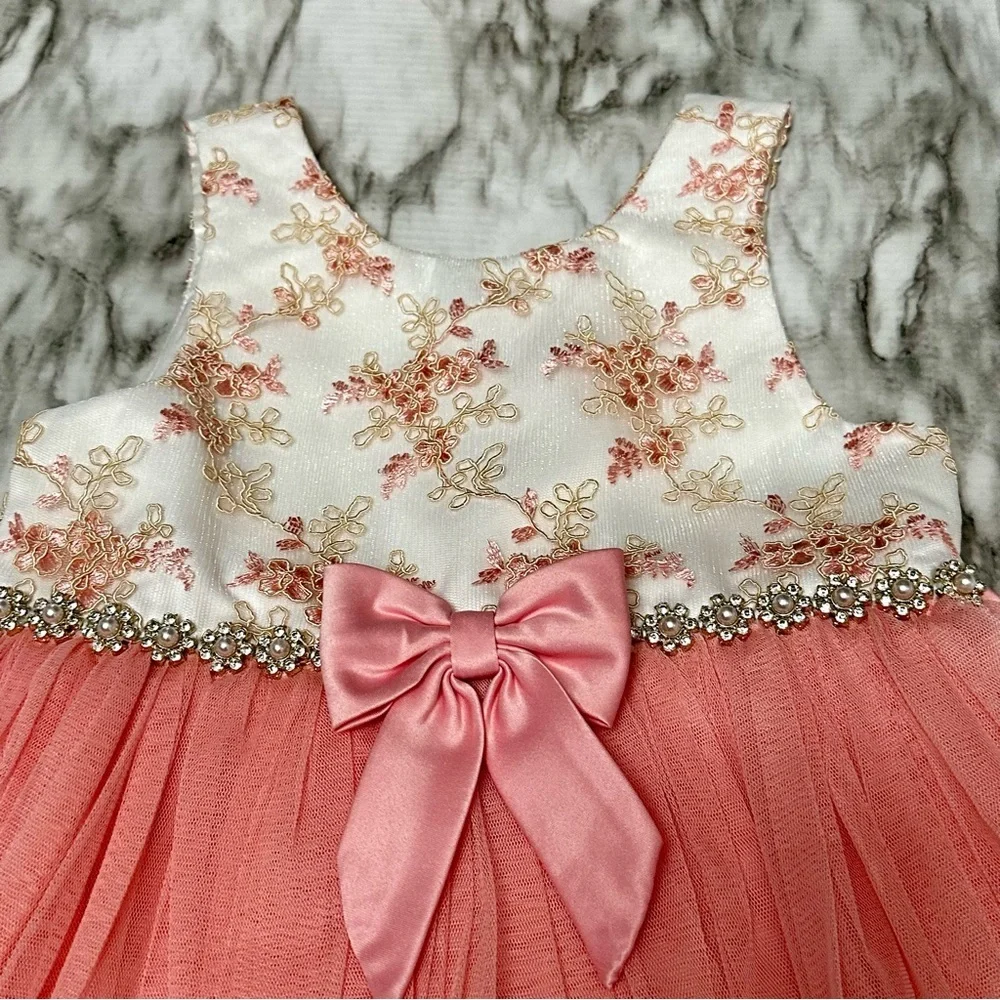 American Princess Pink Tulle Dress Sz 6 Floral Jacquard Jeweled Waist Fancy Gown